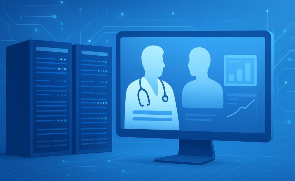An abstract digital illustration of a computer monitor displaying silhouettes of healthcare professionals, surrounded by