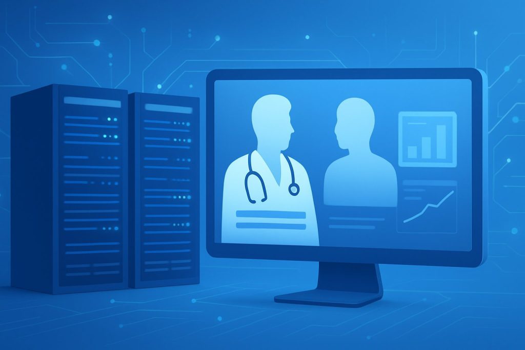An abstract digital illustration of a computer monitor displaying silhouettes of healthcare professionals, surrounded by