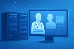 An abstract digital illustration of a computer monitor displaying silhouettes of healthcare professionals, surrounded by