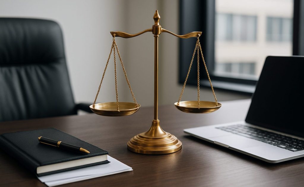 A golden scale of justice placed on a wooden desk next to a black notebook and pen, with a laptop in the background.