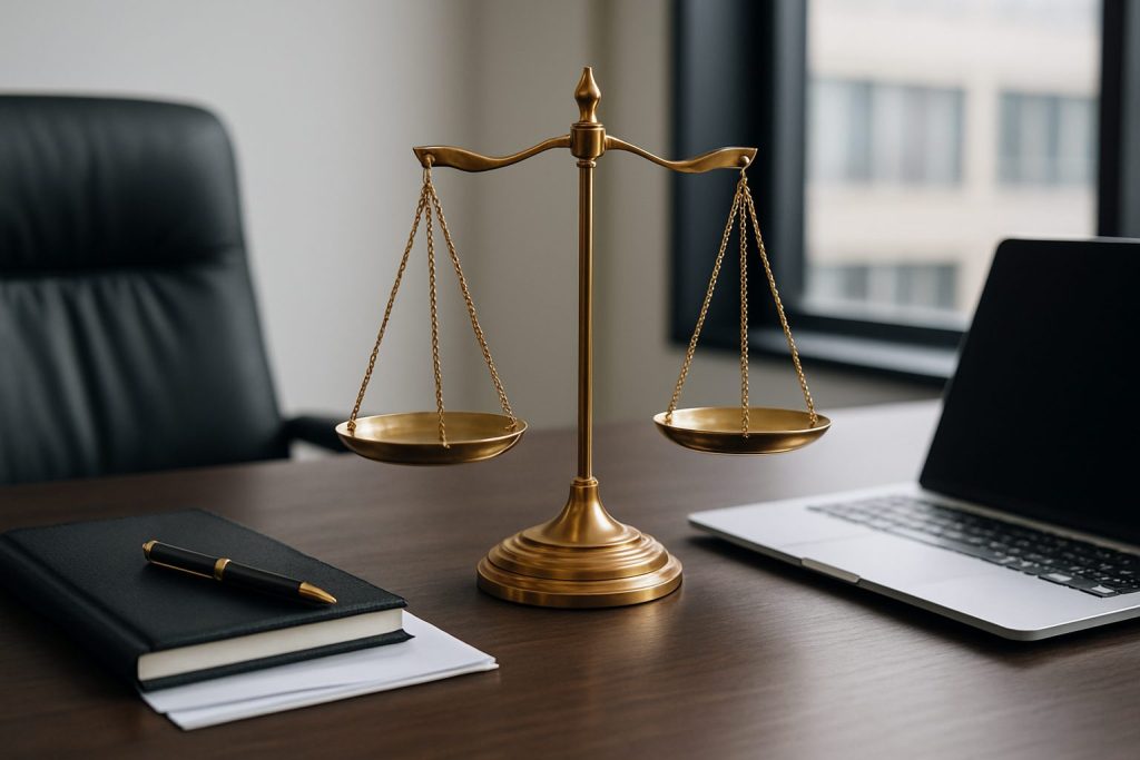 A golden scale of justice placed on a wooden desk next to a black notebook and pen, with a laptop in the background.