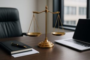A golden scale of justice placed on a wooden desk next to a black notebook and pen, with a laptop in the background.