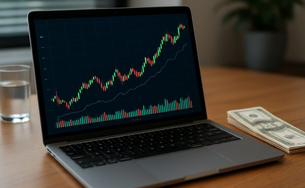 A laptop displaying a stock market chart with a stack of dollar bills beside it.
