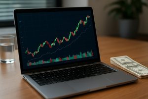 A laptop displaying a stock market chart with a stack of dollar bills beside it.