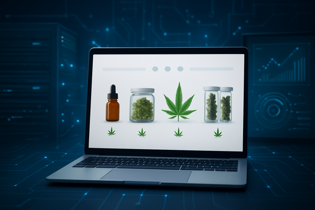 Digital representation of cannabis products displayed on a laptop screen